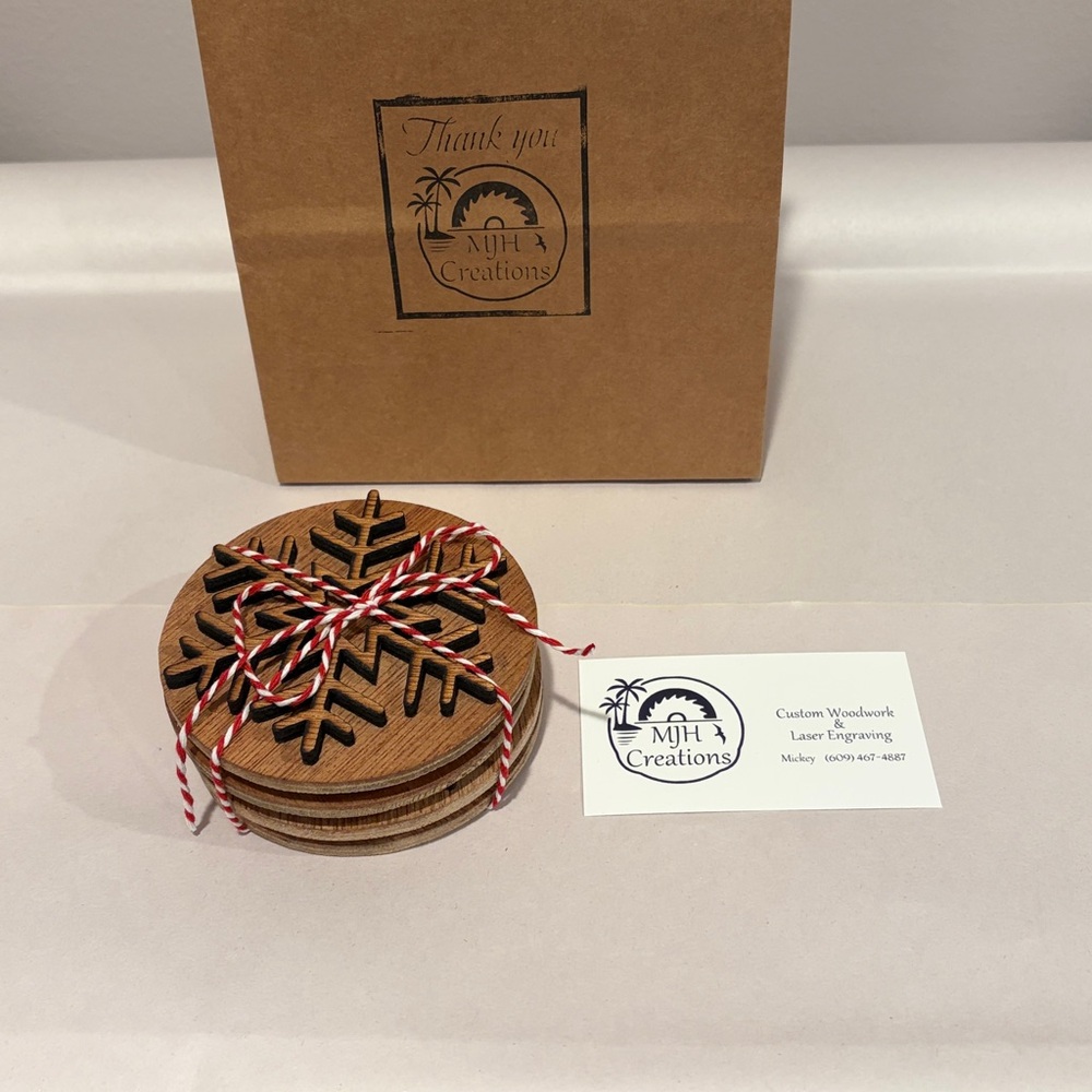 Handmade Snowflake Natural Wood Set of 4 Coasters - Red/White Ribbon